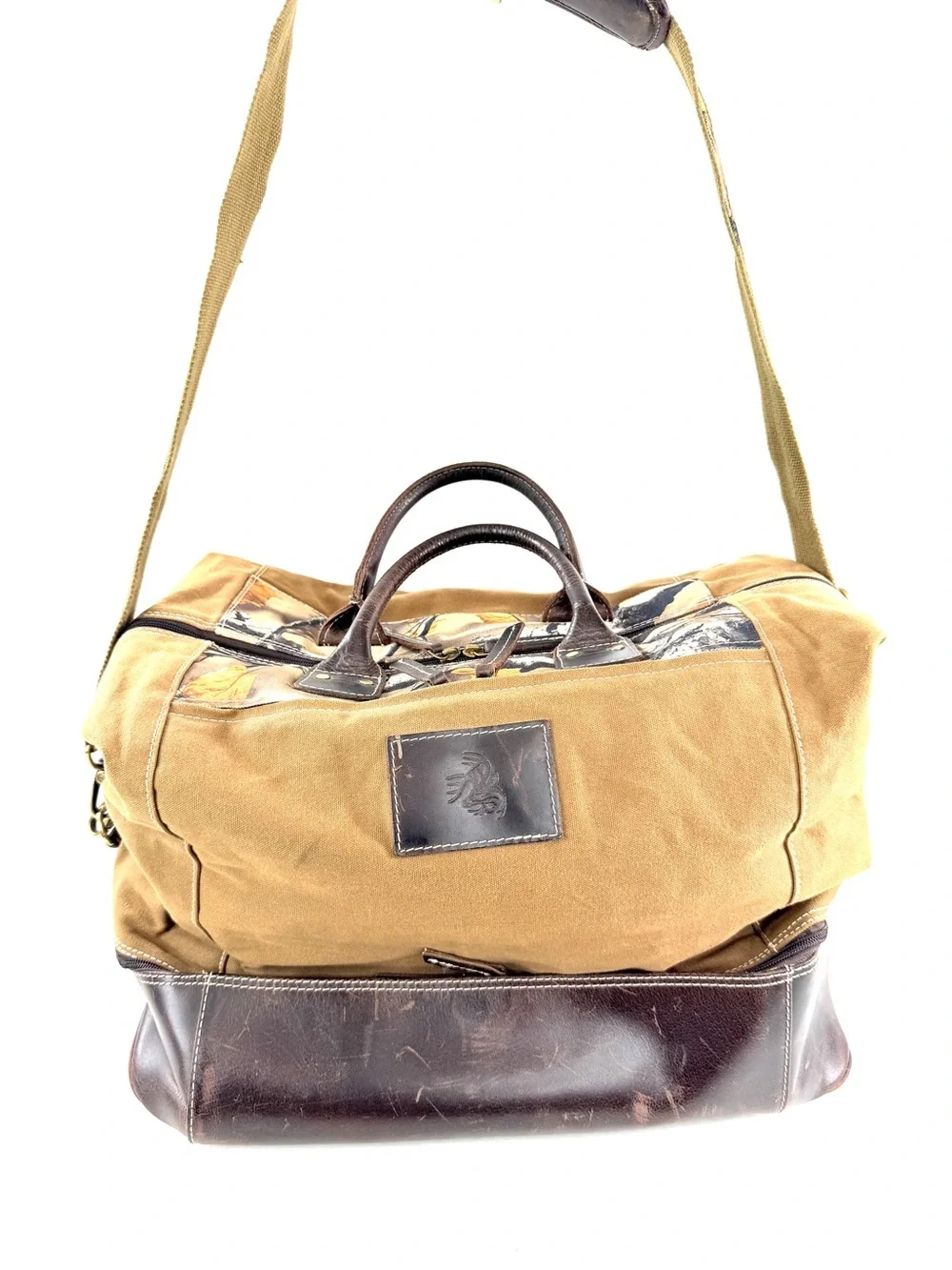 Tree Camo Brown Waxed Cotton Leather XL Hunting 2 Layer Zip Around Bag Outdoors